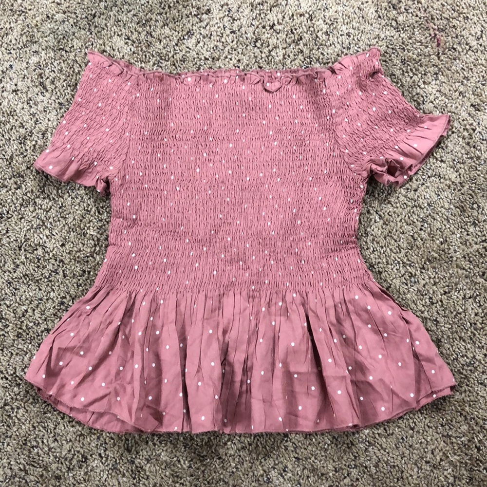 Pink polka dot off the shoulder fitted top